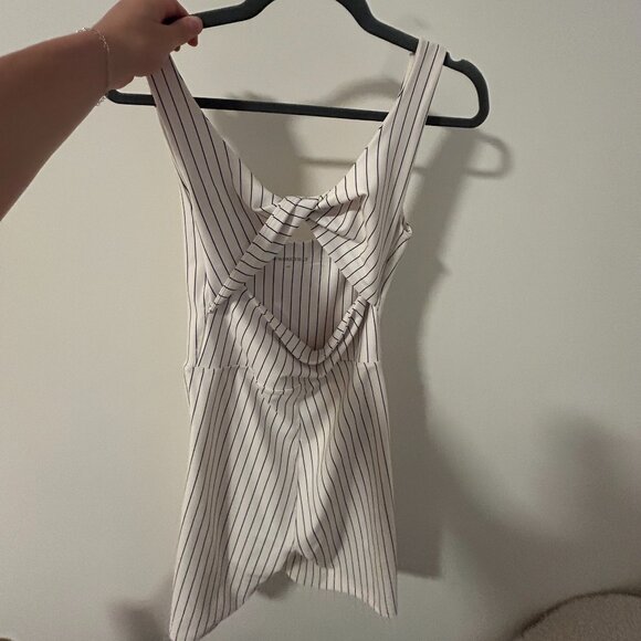 NEW WeWoreWhat Small White Black Pinstripe Twist Cutout Bodysuit - Picture 2 of 4